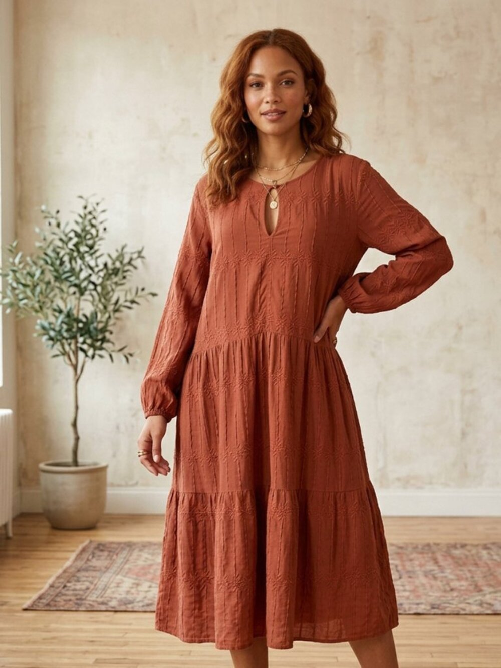 Old Navy Rust Terracotta Embroidered Tiered Midi Dress Size L